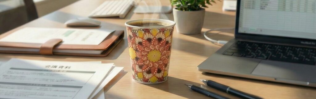 オフィス内のデスクにあるコーヒー