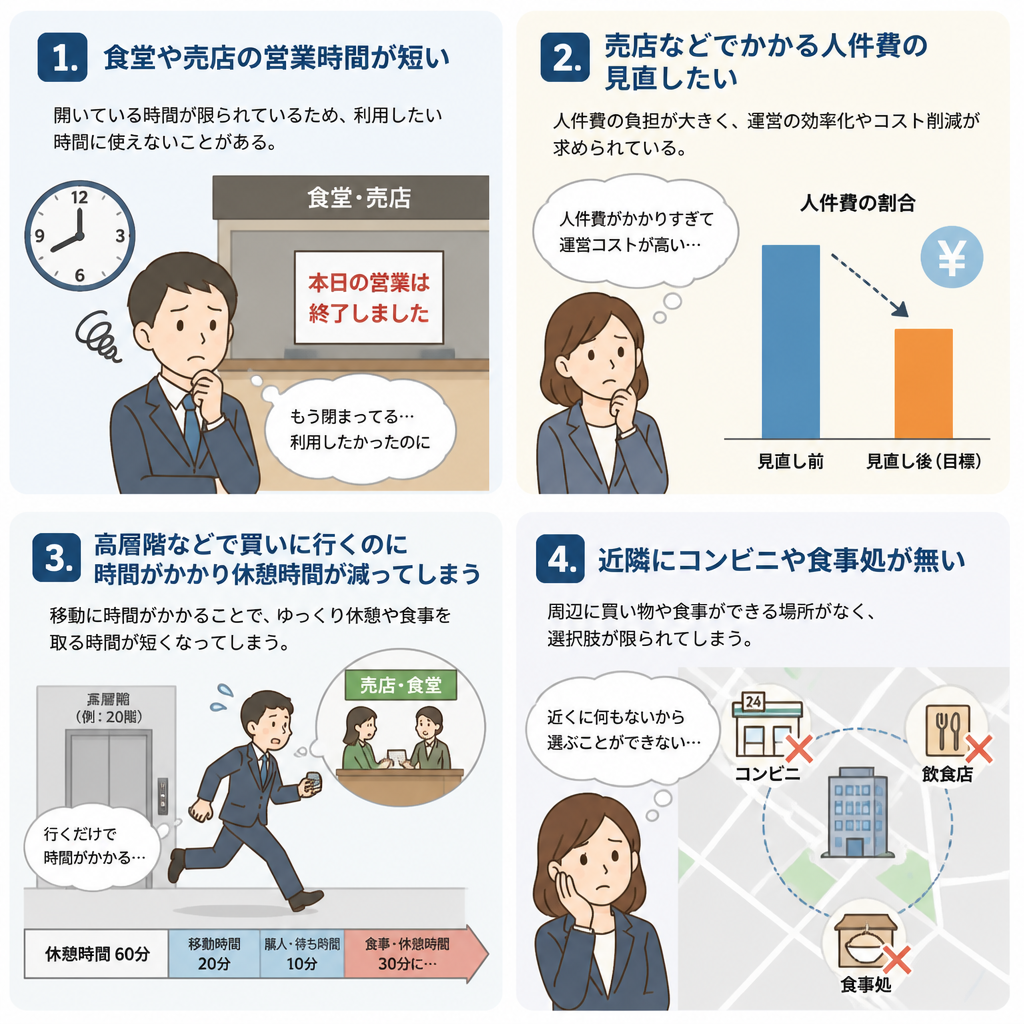 食堂や売店の営業時間が短い売店などでかかる人件費の見直したい高層階などで買いに行くのに時間がかかり休憩時間が減ってしまう近隣にコンビニや食事処が無い